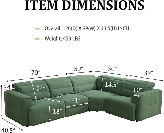 Power Recliner Sectional Couch, Flannel Living Room Furniture Set, Reclining Corner Sectional Sofa with USB Ports for Home/Office (Green, 4 Seater Couch)