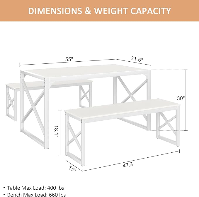 VECELO 55" Kitchen Dining Table Set for 4-6, Wood Dinette 2 Benches with Metal Frame for Dinner Breakfast Nook and Small Space, White