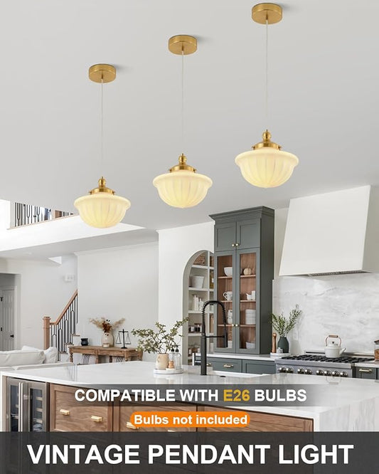 Schoolhouse Milk White Glass Pendant Light,9" Adjustable Hanging Pendant Light, Gold Mid Century Light Fixtures for Bedroom Diningroom Hallway Entryway