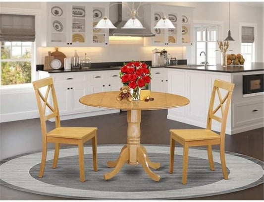 East West Furniture DLBO3-OAK-W 3 Piece Dining Set Contains a Round Dining Room Table with Dropleaf and 2 Wood Seat Chairs, 42x42 Inch, Oak
