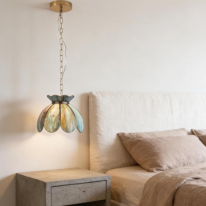 Brass Glass Ceiling Pendant Light, Hanging Chain lamp, with Vintage Lotus Flower Blue Green Glass Shade for Kitchen Island Dining Room Bedroom Living Room-7.9" Shade