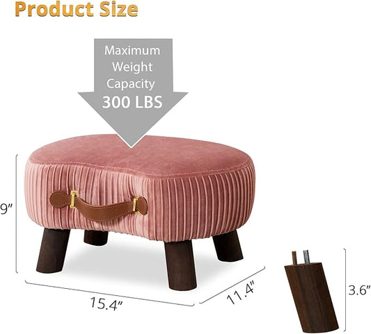 LUE BONA Small Curved Foot Stool with Handle, Pink Velvet Footstool and Ottomans, Modern Foot Rest with Wooden Legs, Step Stool with Padded Seat for Couch, Living Room