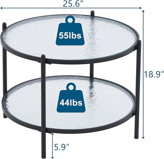 VINGLI 25.6" Small Matte Black Round Coffee Table Water-Wave Glass Circle Clear Coffee Table, Center Table with 2-Tier Modern Storage Design for Living Room, Bedroom, Meeting Room, Balcony, Patio