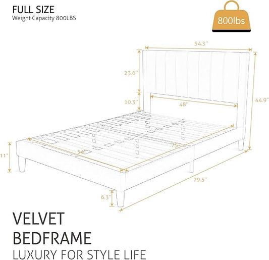 SHA CERLIN Full Bed Frame/Velvet Upholstered Platform Bed Frame with Headboard/Strong Wood Slats Support/Mattress Foundation/No Box Spring Needed - Green