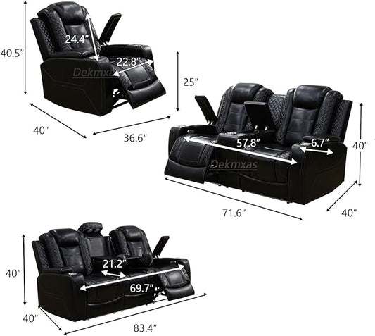Power Recliner Sofa Couch, Living Room Furniture Sets, Black Breathing Leather Power Reclining Chair with USB Port/Recliner Seat/Storage Armrest/Cup Holder/LED for Living Room