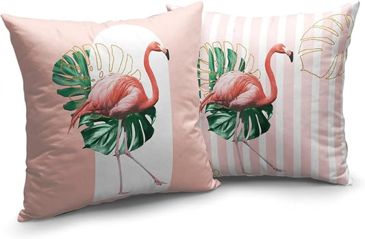 Flamingo Throw Pillow Covers 24x24 Inch Set of 2 Spring Summer Tropical Green Leaf Pink Bird Pillow Cases Modern Abstract Arch Pink Vertical Stripe Cushion Cover for Living Room Couch Sofa