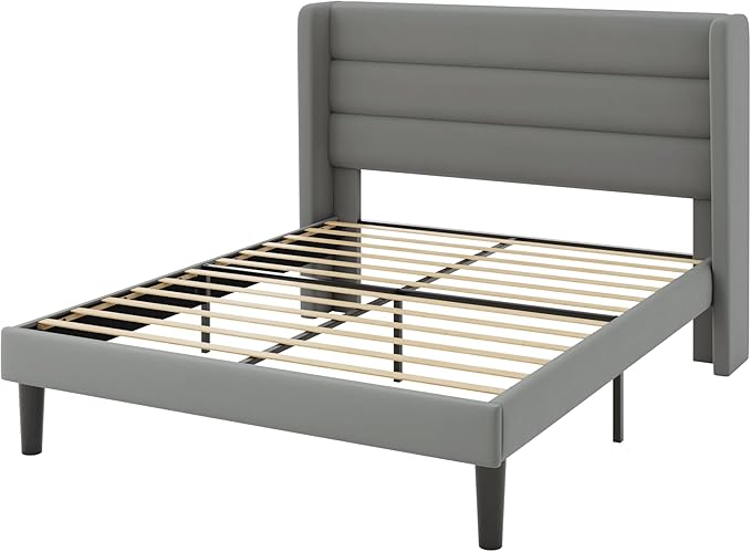 Allewie Full Size Platform Bed Frame with Velvet Upholstered Wingback Headboard, No Box Spring Needed, Under Bed Storage Space, Strong Wooden Slats, Modern Mattress Foundation, Easy Assembly, Grey