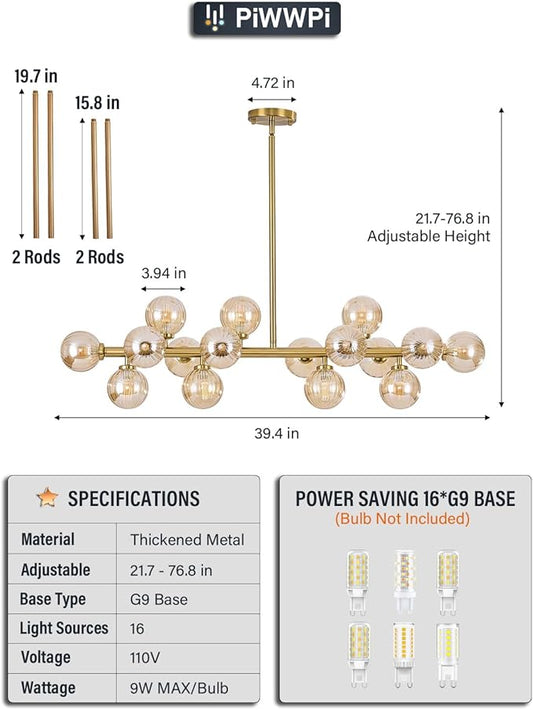 Glass Globe Sputnik Chandelier, 16-Light Mid Century Modern Light Fixture Over Table, Linear Chandeliers for Dining Room, Kitchen Island, Brass Gold and Amber Bubble, 40 Inch, GC-02