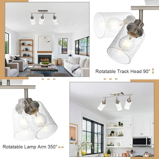 3-Light Rotatable Track Lighting Kit, Brushed Nickel Semi Flush Mount Ceiling Light Vanity Lighting Fixtures Spotlight, Seeded Glass Shades