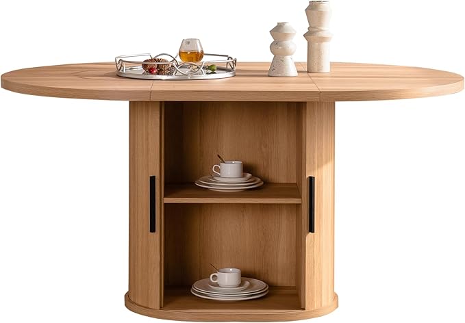 KEIKI Dining Table for 4-6, 59 Inch Modern Dining Room Table with 2-Layer Storage Shelf and Wood Slide Door, Oval Circle Dinner Furniture with Pedestal Base for Dining Room