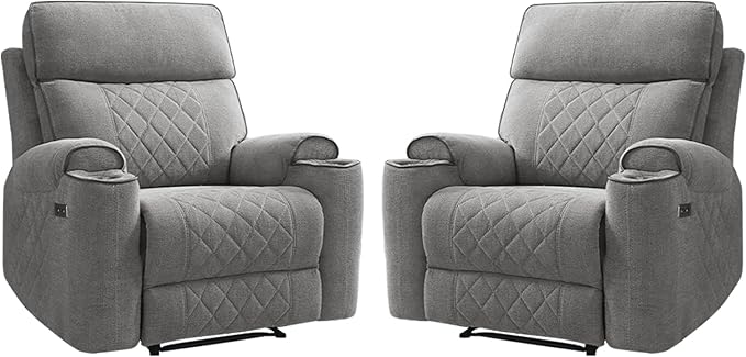 HAOMARKETS Power Recliner Chair Set of 2 for Adults with USB Charging Port, Electric Recliners with Metal Cup Holders, Single Overstuffed Heavy Duty Reclining Sofa Chairs for Living Room, Light Grey