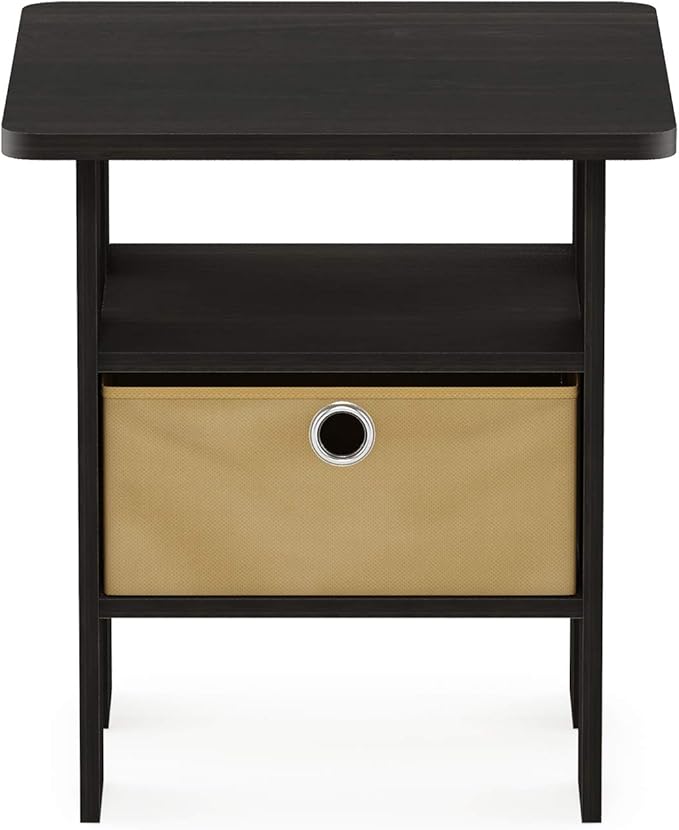 Furinno ANDREY Side Table, End Table, Night Stand with Open Shelves and Storage Bin, Bedside Table, for Living Room, Bedroom, Dark Espresso