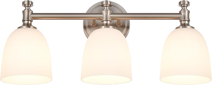 Bathroom Vanity Light, 3-Light Bathroom Light Fixtures Over Mirror, Traditional Vanity Lights for Living Room, Milk White Bell Glass Shades, Standard E26 Base, Brushed Nickel
