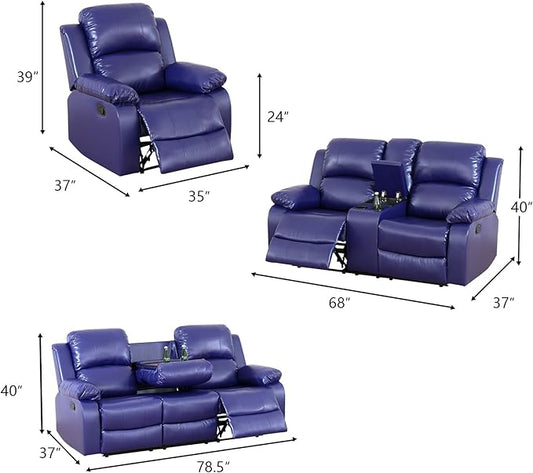 Recliner Sofa Set Living Room Furniture Sets Vegan Leather Sofa and Loveseat Set Manual Reclining Sofa Set with Cup Holders/Storage Console for Living Room/Rv Car (Purple Blue, Sofa+Loveseat)