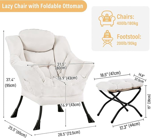Lazy Chair with Ottoman, Modern Chair with Folding Footrest, Beige Accent Chair, Comfortable Reading Chair, Oversized Armchairs for Bedroom, Study, Living Room, Courtyard