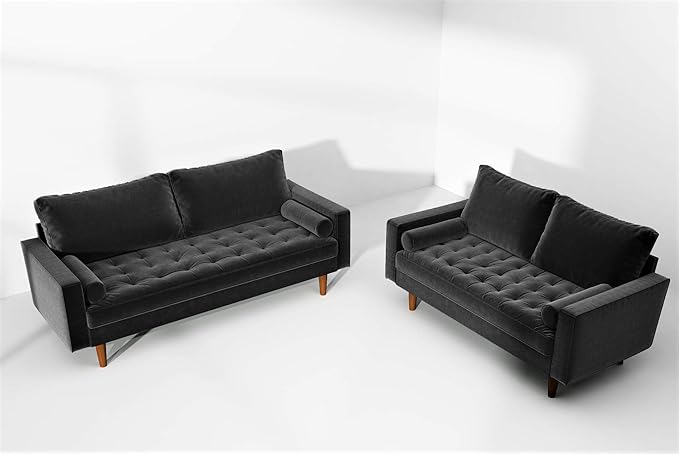 Container Furniture Direct Womble 58 Inch Velvet Loveseat Sofa with Elegant Button Tufted Upholstery, Square Arms, Splayed Wood Legs, Includes Matching Bolster Pillows, Midnight