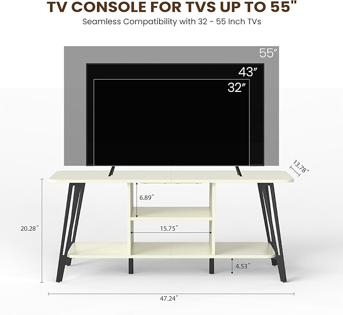 Manora TV Stand for TVs up to 55 Inch, Simple Modern Entertainment Center with 3 Tier Open Storage Shelves, TV Console Table for for Living Room, Bedroom, White