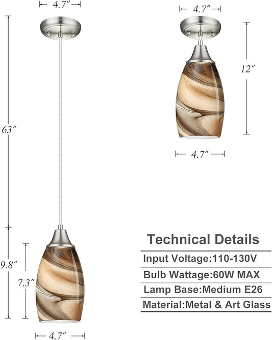 Mini Pendant Lights Kitchen Island Light Brown Glass Lamp Shade Hand Blown Glass Pendant Light with Brush Nickel Finish Adjustable Cord for Kitchen Over Sink, Dining Room (Light Brown-1P)