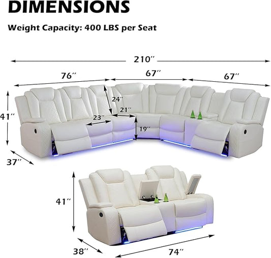 Leather Power Recliner Sectional Sofa Set with LED Light,L Shape Leather Couch Set with Recline Loveseat,Modular Corner Sofa with USB Port for Living Room Furniture(White, Sectional+Loveseat)