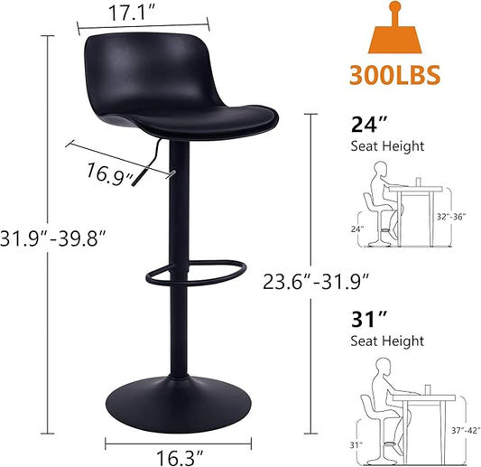 YOUTASTE All Black Bar Stools Set of 2, Adjustable Swivel Counter Height Barstools with Back, Plastic&PU Leather Cushioned Bar Chair Seats, Metal Footrest, Black Round Base for Kitchen Island