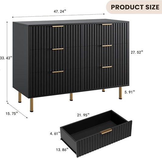GarveeHome Fluted 6 Drawer Dresser for Bedroom, 47.2 in Wide Modern Chest of Drawers with Deep Drawers, Large Double Dresser TV Stand, Wooden Organizer for Living Room, Hallway, Kids Room, Black