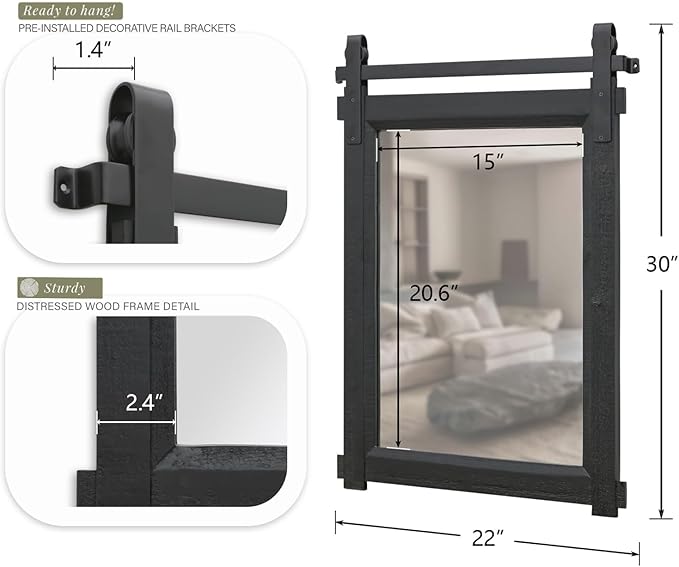 Besdomus Black Farmhouse Bathroom Mirror: 22"x30" Barn Door Rustic Solid Cedar Wood Frame Vanity Mirror - Home Decor for Entryway/Living Room/Bathroom Renovators - Modern Farmhouse for Homemakers