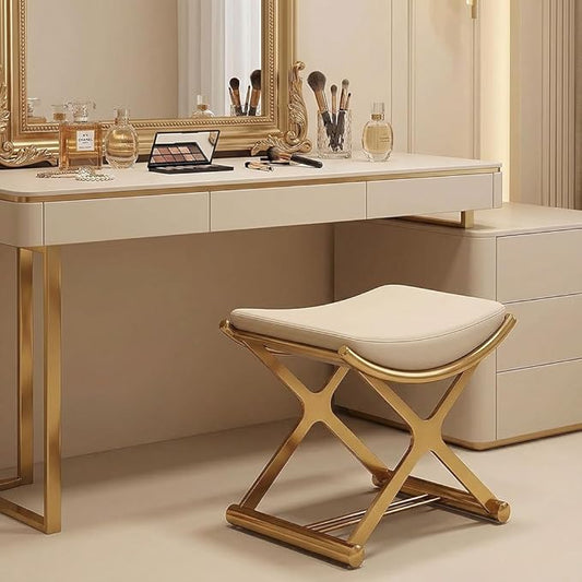 CHSSIH Vanity Stool Chair for Makeup - Small Backless Leather Stool for Vanity - Modern Ottoman Bench Seat with Metal X Legs, Footstool for Bathroom & Living Room - Gold