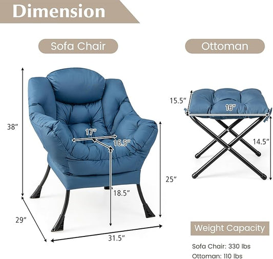 GORELAX Lazy Chair with Ottoman, Modern Accent Chair w/Armrests & Side Pocket, Upholstered Lounge Sofa Chair & Folding Footstool Set, Reading Chair for Bedroom, Living Room, Dorm Room (Navy)