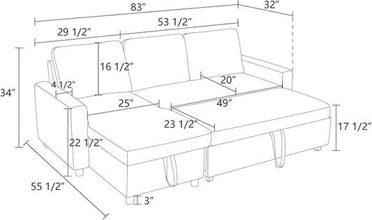 Pull Out Couch, L Shaped Sectional Couch with Pull Out Bed, Convertible Sofa Bed with Storage Chaise, Queen Size Sleeper Sofa, Sofa Bed Couch, Sleeper Sofa with Storage, Blue