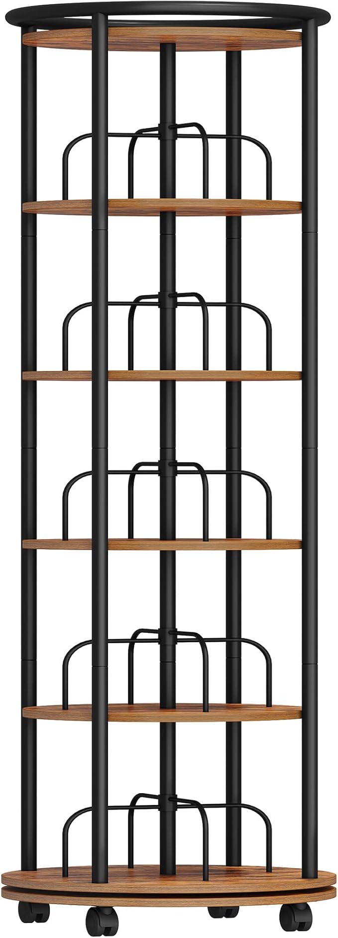 Rotating Bookshelf, 360° Spinning Bookshelf Tower, Display Revolving Bookcase, Round Book Shelf, Narrow Swivel Bookshelves for Small Space, Bedroom, Living Room, 6-Tier Rustic Brown, BC52101B