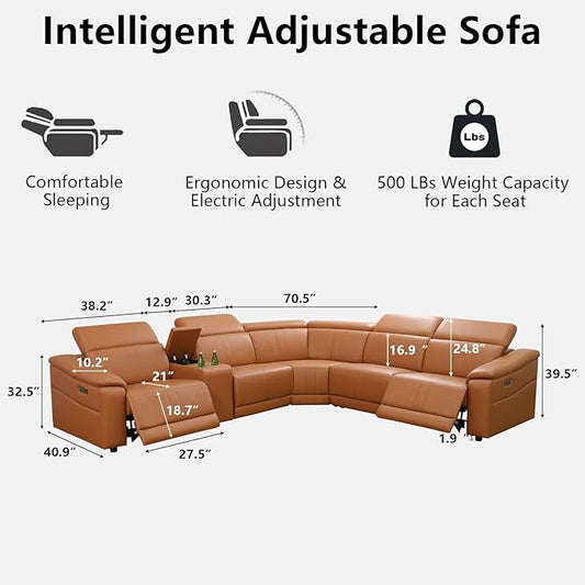 Power Reclining Sectional Sofa for Living Room - Leather Recliner with Console, Cup Holders & USB Ports for Family Movie Nights, Guests, and Everyday Comfort