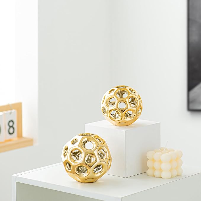 Gold Knot Orbs Decorative Objects, Modern Geometric Balls Centerpieces, Orb Knick Knacks Home Decor, Ceramic Coffee Table Sculptures for Living Room, Bedroom, Office Desktop, Bookshelf (Gold)