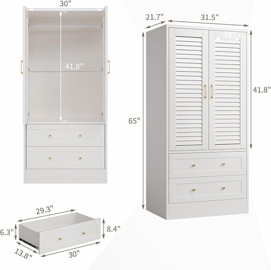 65" Louvered Armoire Wardrobe Closet, Wood Clothing Storage Cabinets with 2 Doors and 2 Drawers, Wooden Wardrobe Closet with Hanging Rod for Bedroom, Cloak Room, Laundry Room, Entrance Hall, White
