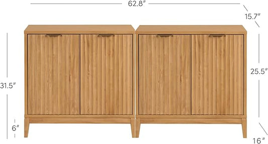 Nathan James Jasper Wood Modern Sideboard Accent Storage Cabinet TV Stand with Fluted Doors, for Kitchen or Living Room, Warm Pine, Set of 2