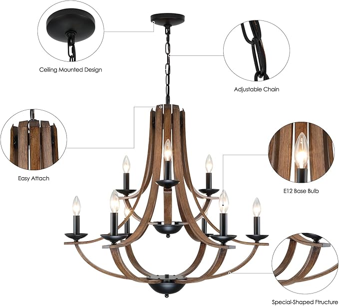 Farmhouse Chandeliers for Dining Room Light Fixture,2 Tier 9-Light 31" Adjustable Height Retro Faux Wood Texture Rustic Light Fixtures for Living Room Bedroom Foyer Entryway