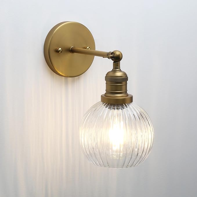 Vintage Wall Sconce 1-Light with Clear Striped Glass Globe Shade, Hardwired Modern Indoor Wall Vanity Light Fixture for Farmhouse Living Room Bedroom Bathroom