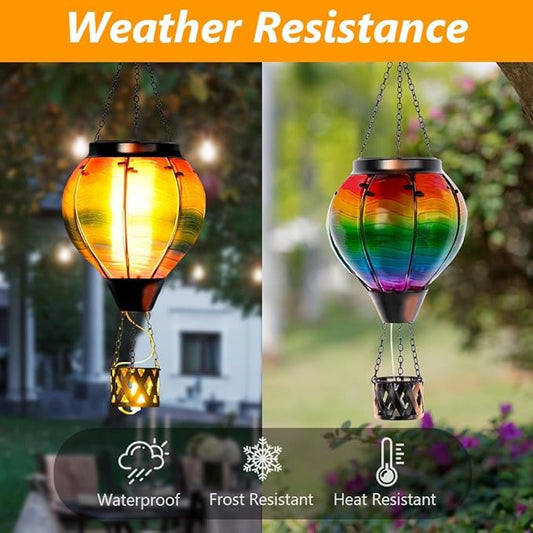 2PCS Colorful Solar Hot Air Balloon Lantern with Flame,Rainbow Wave Glass Solar Hanging Light Outdoor Waterproof for Garden Tree Yard Patio Party Decor