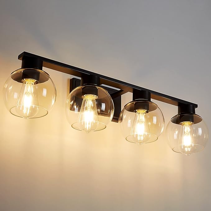 PAZALA 4-Lights Bathroom Vanity Light, Modern Bathroom Lighting Fixtures with Globe Glass Shade, 30in Matte Black Wall Sconce for Bath Over Mirror Kitchen Cabinet Bedroom Hallway Farmhouse, E26 Base