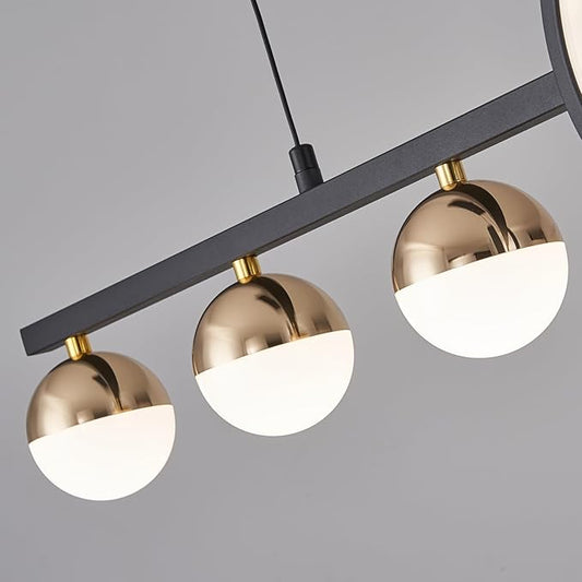 Modern Black Gold Chandeliers for Dining Room, Dimmable LED Chandelier Linear Pendant Light for Kitchen Island, 39in Globe Haning Pendant Chandelier Lighitng with Remote (2 Rings, 3000lm)