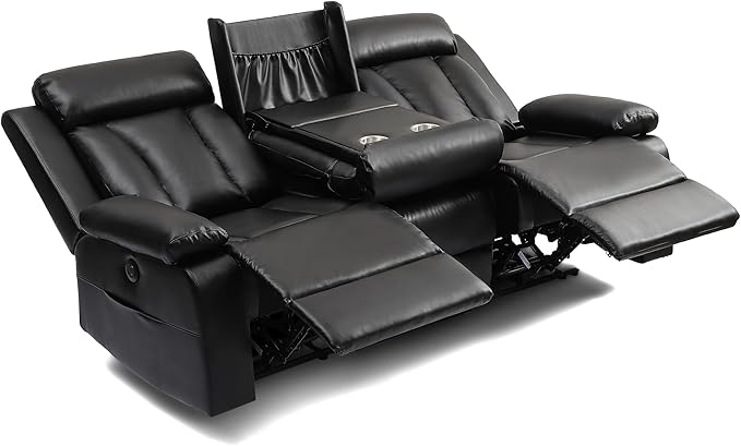 Power Reclining Sofa with Drop-Down Console and Lumbar Pillows, Leather 3-Seat Recliner Couch with USB & Type-C Ports, Cup Holders, Hidden Storage, Wall Hugger Recliner for Living Room RV Theater