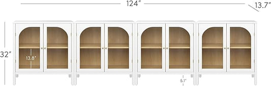 Nathan James Mason Wood Storage Cabinet Accent Sideboard Buffet Credenza TV Stand with Glass Doors and Adjustable Shelf for Dining Room, Entryway or Living Room, Clear Glass/White/Light Oak, Set of 4