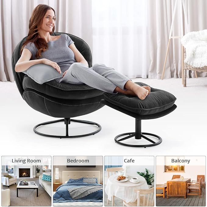 Velvet Swivel Accent Chair with Ottoman Set, Modern Lounge Chair with Metal Base Frame & Footrest, Comfortable Single Leisure Sofa Chair Reading Chair with 360 Degree Swiveling for Living Room, Black