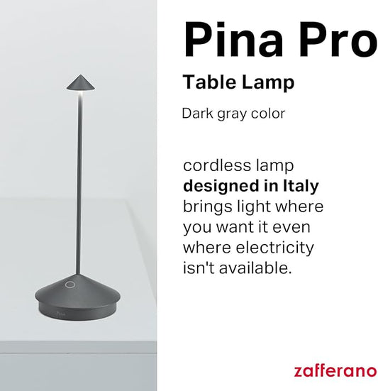 Zafferano, Pina Pro Lamp, Rechargeable Cordless Table Lamp with Touch Controls, Suitable for Indoor and Outdoor, Dimmer, 2200-3000 K, Height 11.4 Inches, Dark Gray Color