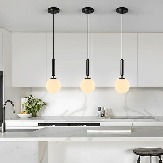 Modern Hanging Light Fixture Pendant Lighting for Kitchen Island Mid Century Black Pendant Lights with Globe Milky White Glass Pendant Light for Bedroom Bathroom Entryway (1 Pack)