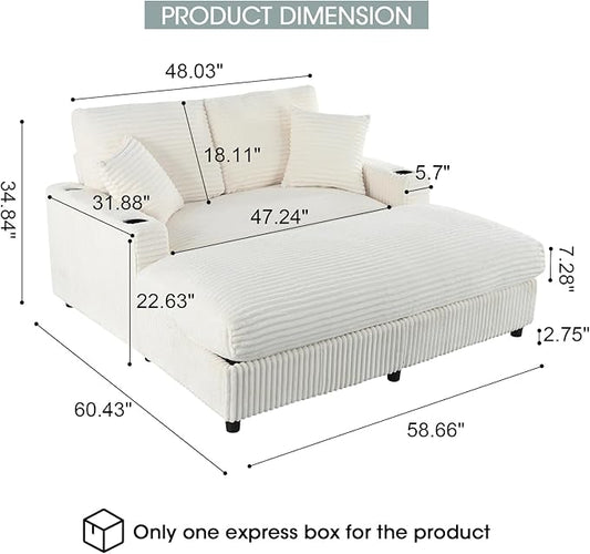 Eafurn 64" Oversized Chaise Lounge Chair Indoor, Plush Corduroy Upholstered Sofa Bed with Pillows & 2 Cup Holders, Extra Wide Deep Seat Sleeper Couch Recliner Chair for Living Room | Removable Cushions, Wooden Frame, Solid Legs