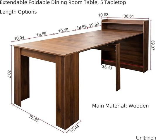 KEIKI 30”-99”L Extendable Foldable Dining Room Table with Storage for 1-10 People, Wood Modern Rustic Rectangle Expandable Kitchen Living Meeting Room Furniture, 5 Tabletop Length Options, Walnut