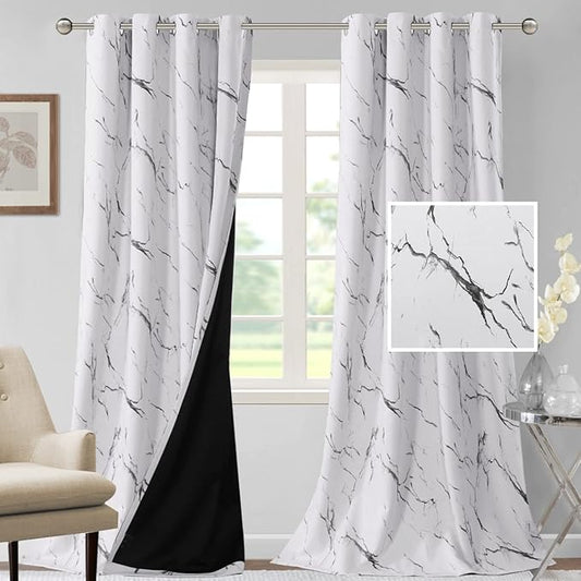 H.VERSAILTEX 100% Blackout Curtains 96 inch Length 2 Panels Set Marble Designs Printed Drapes Thermal Curtains for Bedroom with Black Liner Sound Proof Curtains, Grey