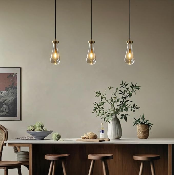 Raindrop Pendant Lights Kitchen Island Set of 3, Brass Teardrop Pendant Lights Dining Room Modern Gold Rain Pendants Glass Waterdrop Pendant Light for Island, Living Room,Included E12 Bulb