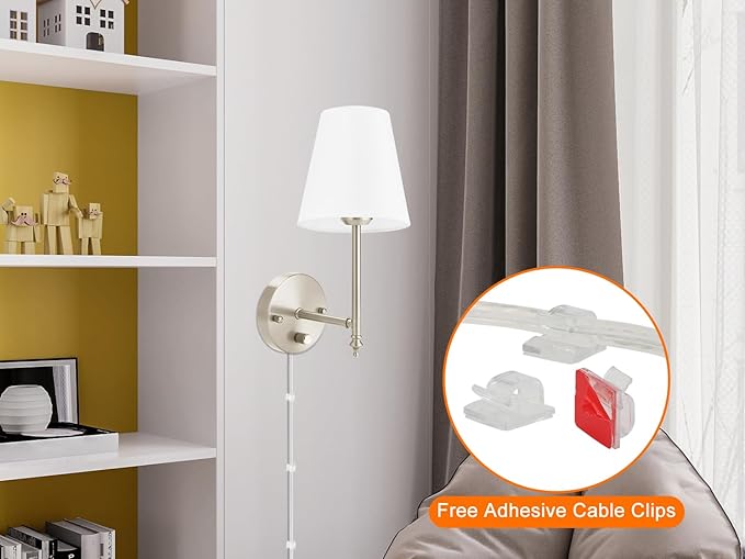 Wall Sconces Set of Two with Remote Control, Dimmable, Adjustable Colors 2700-6500K, Plug in Wall Sconces with White Fabric Shades, Plug in Wall Light, Brushed Nickel