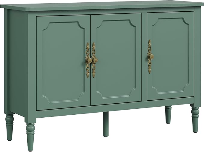 RoyalCraft Buffet Sideboard with 3 Doors, Mid-Century Sideboard Cabinet with Adjustable Shelves, Wood Buffet Cabinet with Turned Legs, Accent Cabinets for Entryway, Living Room, Dining Room, Green